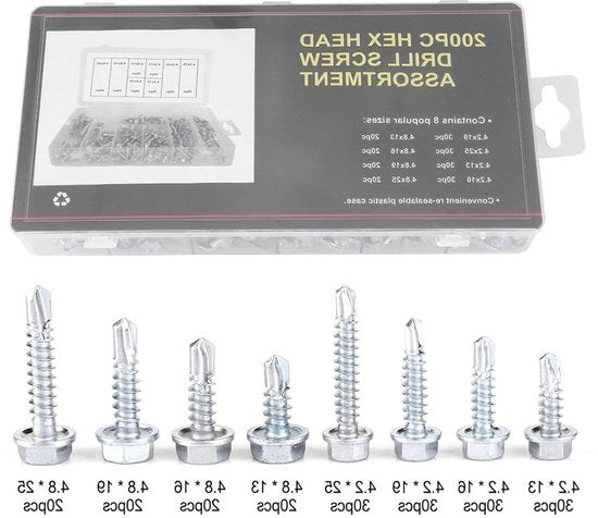 Kit di Viti Autoalimentanti Assortito per Parete Spessa - 200 pezzi - Metallo Duraturo