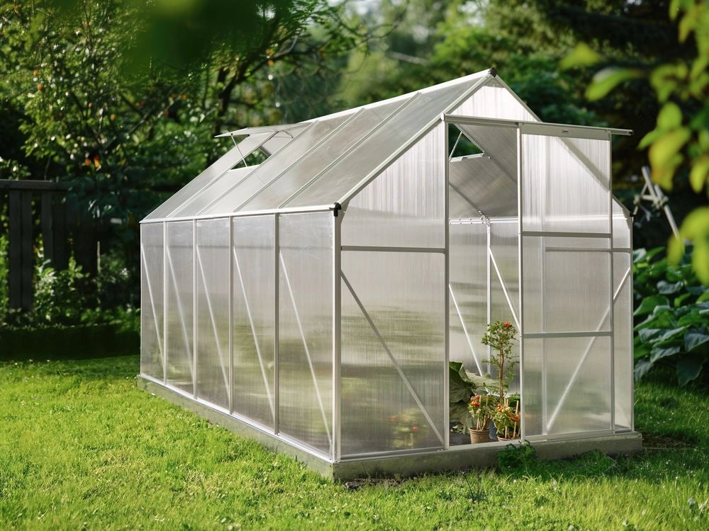 Grande serra da giardino in policarbonato con struttura in alluminio Porte scorrevoli walk-in Protezione UV Argento