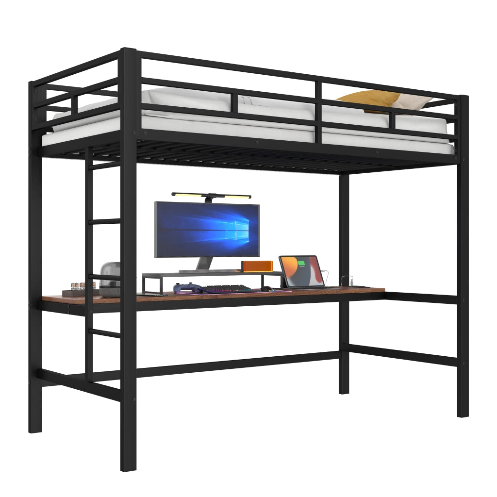 OKWISH Letto a Soppalco 90×200 cm, Letto Singolo con Scrivania, USB, Tipo-C, Presa e LED Regolabile, senza Materasso, Metallo, Nero