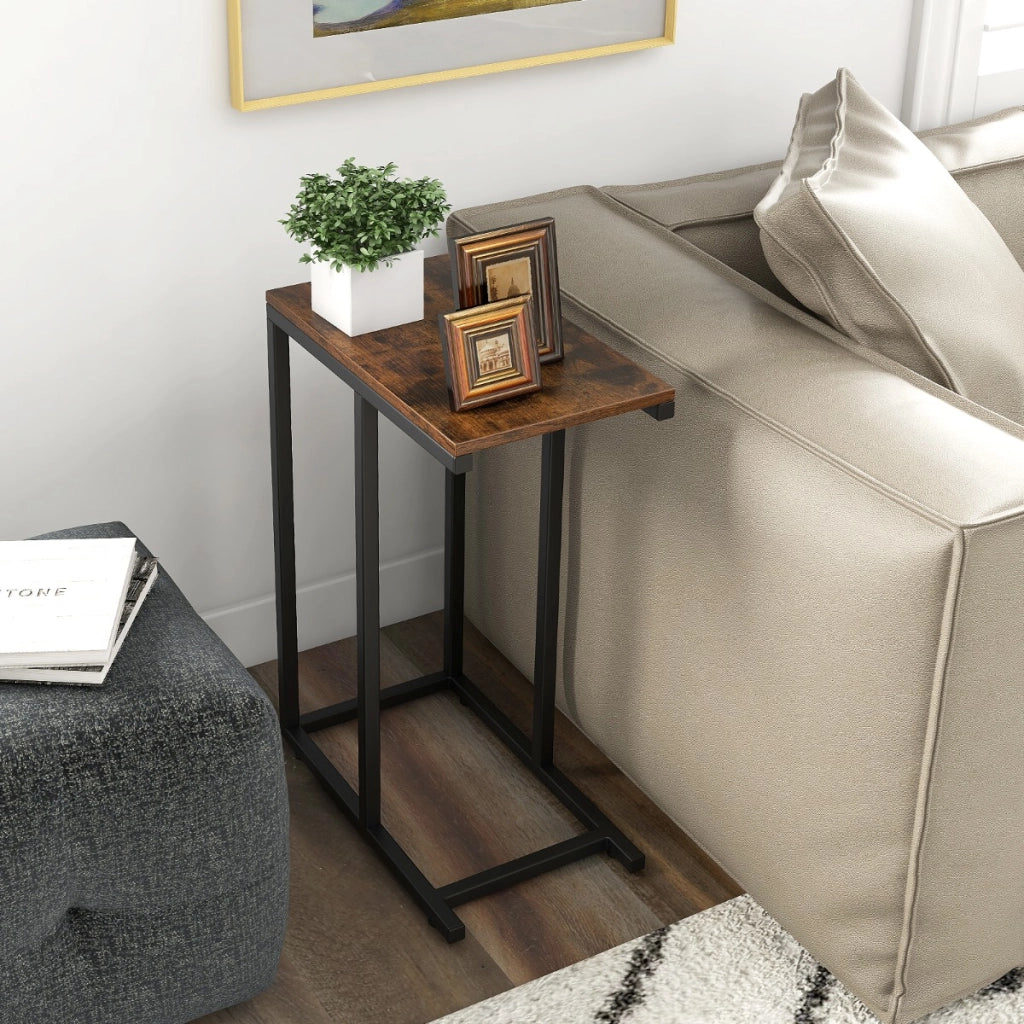 Tavolino a forma di C per divano e letto, Tavolino da soggiorno altezza 64cm con struttura in metallo Marrone Rustico