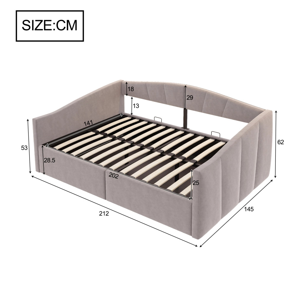 Letto Contenitore 140 × 200 cm 2 posti con vano idraulico e braccioli, senza materasso, in velluto, grigio chiaro