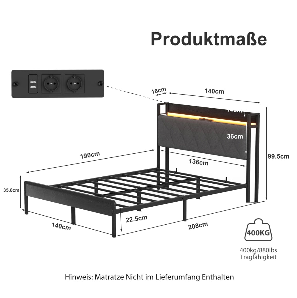 Letto imbottito 140x190 cm con contenitore; LED e USB in lino nero e grigio
