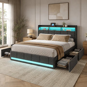Letto matrimoniale 180x200 cm tessuto grigio, testiera contenitore con ricarica USB e USB-C, LED RGB APP telecomando, 4 cassetti estraibili