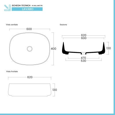 Lavabo da appoggio 60 cm rettangolare in ceramica bianco lucido  Milos