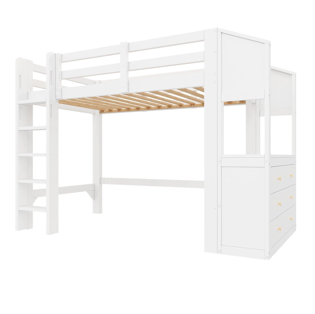 Letto a soppalco 90x200 cm con 3 cassetti; ripiani e luce LED; bianco in legno massello e MDF