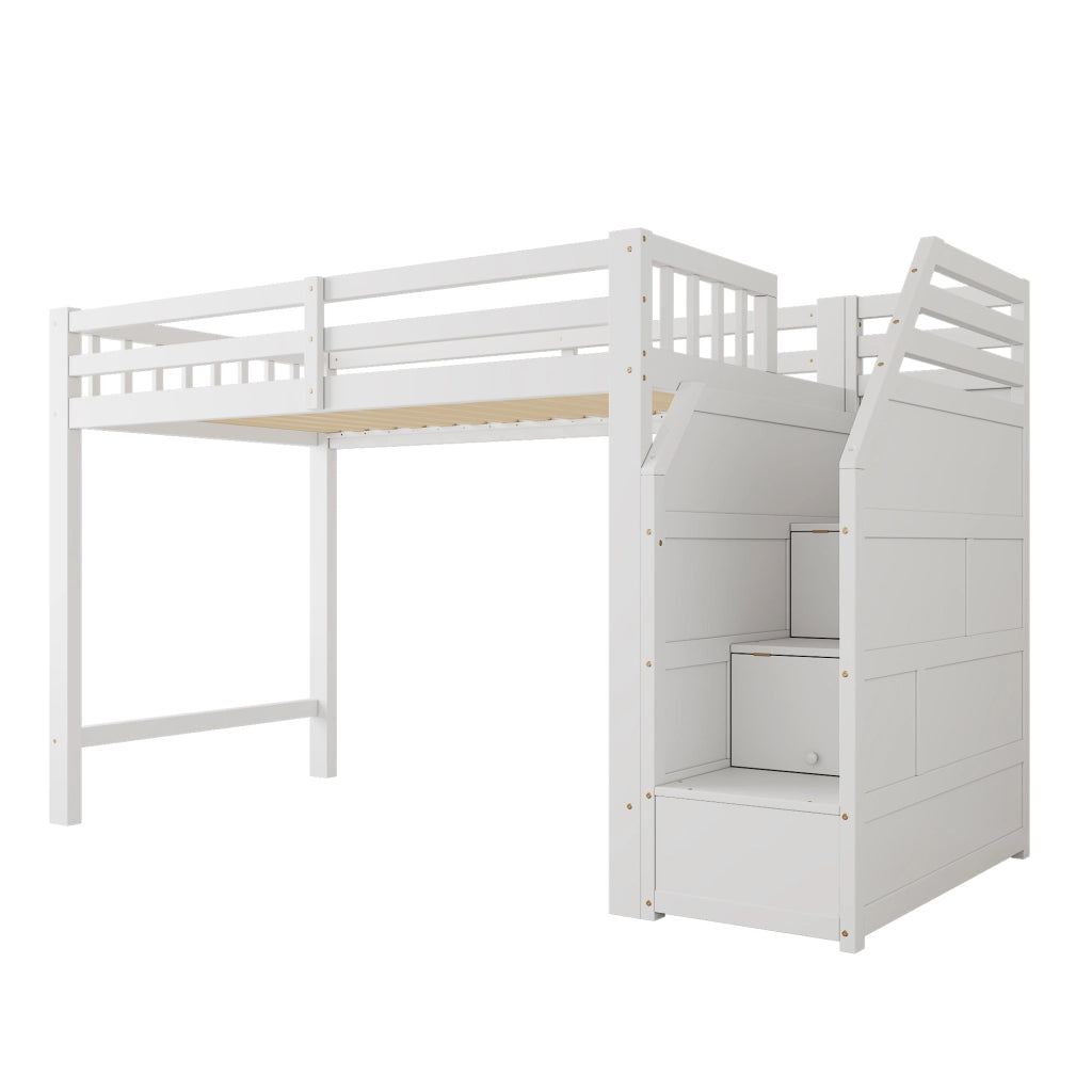 Hochbett per bambini 90x200 cm, in legno di pino, con sponde di protezione, scala con contenitore, rete a doghe, bianco