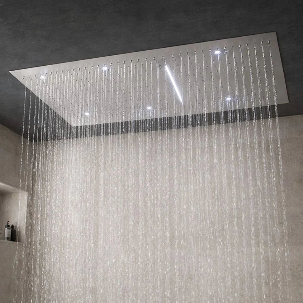 Soffione doccia led a soffitto installazione da incasso con cascata acciaio inox rettangolare