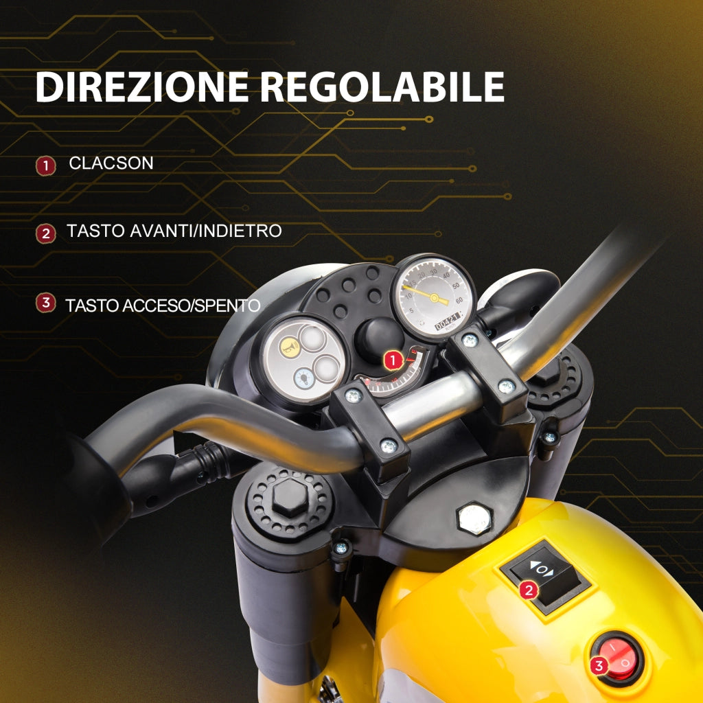 Moto Elettrica per Bambini a 3 Ruote con Luci e Suoni, Batteria Ricaricabile 6V, Velocit¨¤ 2 km/h, per Bimbi da 18-36 Mesi, 72cmx57cmx56cm Gialla