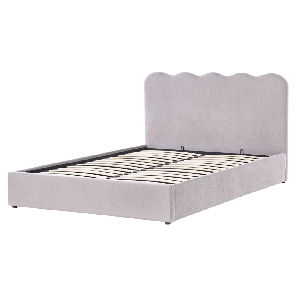 Letto in tessuto di ciniglia imbottito color tortora 160 x 200 cm contenitore elevabile con testiera e rete a doghe