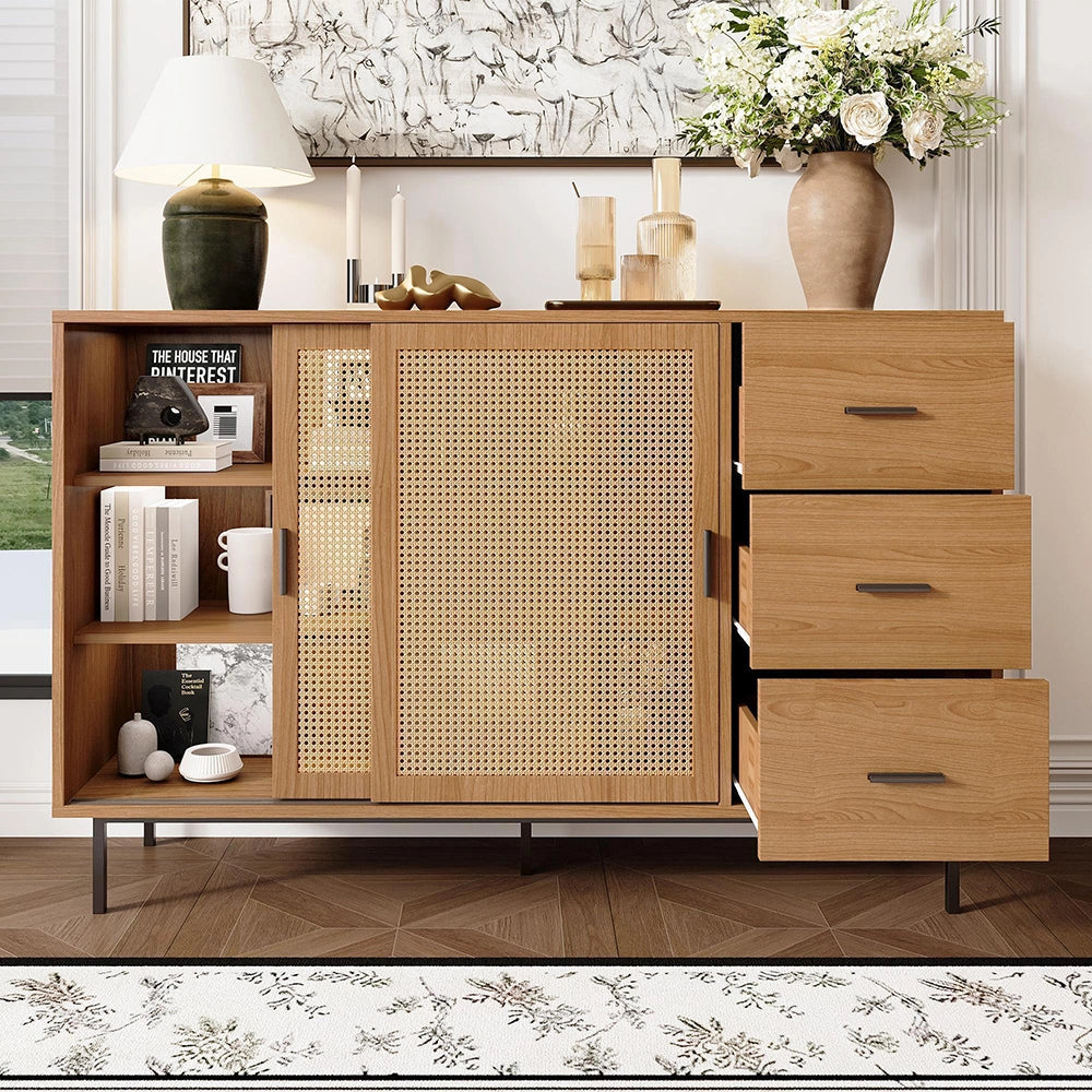 Credenza rustica 2 ante scorrevoli - Xylo - 3 cassetti, ripiani regolabili, per soggiorno, 140x91x37 cm