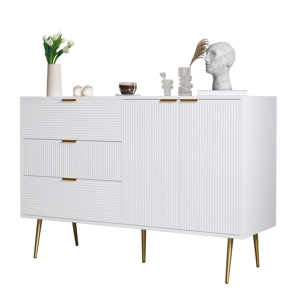 Sideboard moderno 120x38x80;5 cm in MDF bianco e oro con 3 cassetti e 2 ante