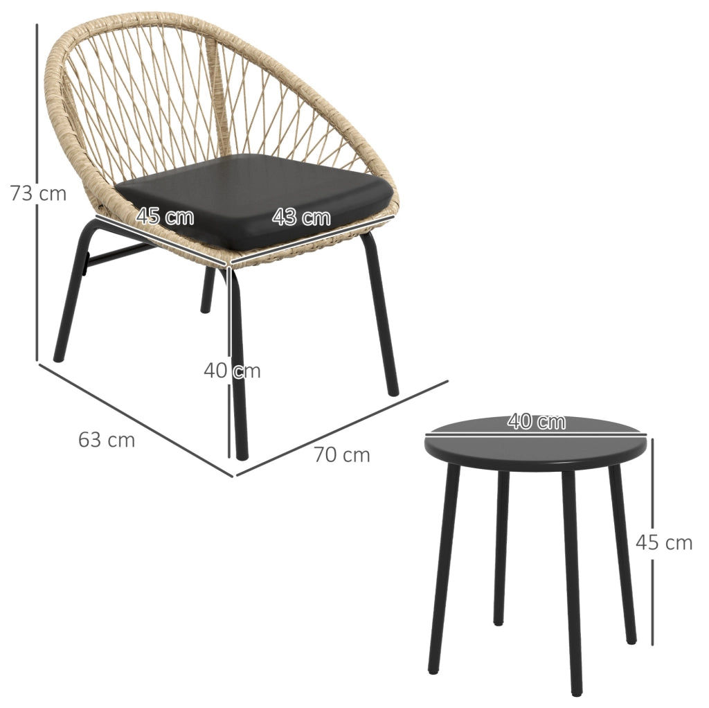 Set bistro da giardino 3 pezzi in rattan con 2 sedie; tavolino rotondo e cuscini giallo