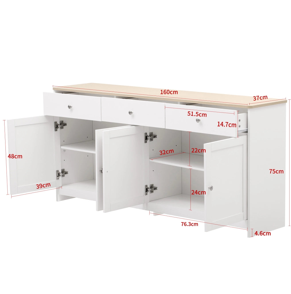 Credenza buffet rustica 160 cm con 4 ante; 3 cassetti e ripiani regolabili; bianco e legno
