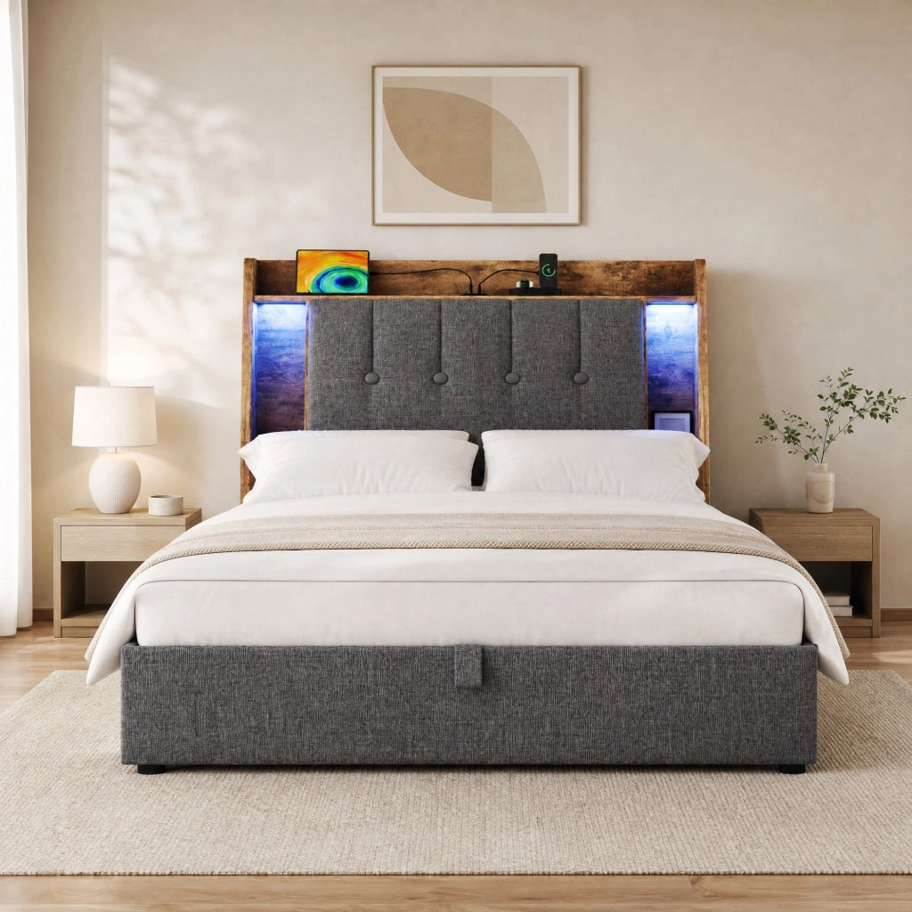 LETTO Imbottito 90x200 cm Grigio in lino e MDF con USB Type-C, LED e vani