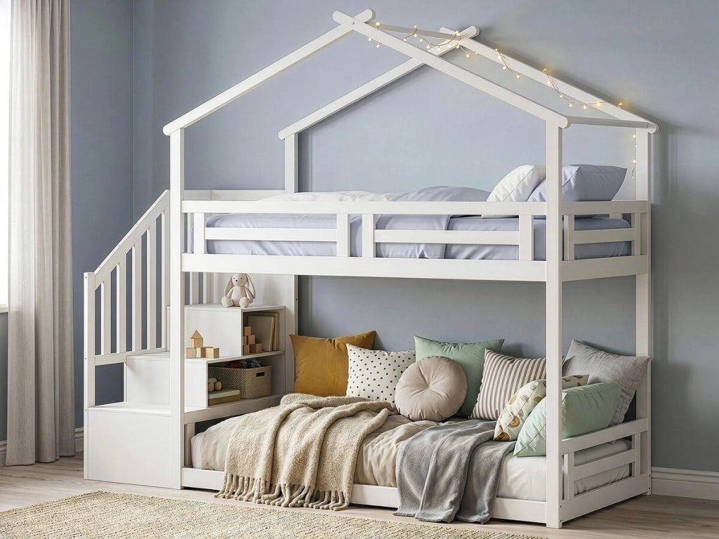 Letto a castello a forma di capanna con scaletta in legno "Oriana" - 90 x 190 cm - Beige