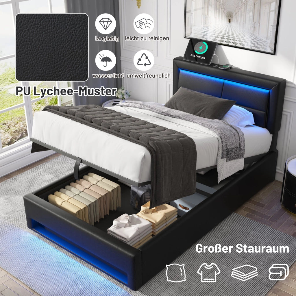 LETTO Imbottito 90x200 cm PU Nero con USB, LED e vano contenitore
