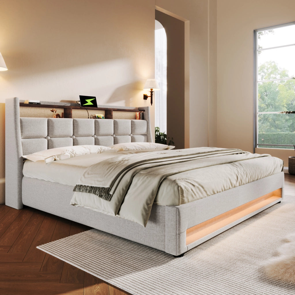 LETTO Imbottito 140x200 cm Beige con USB, LED e rete sollevabile