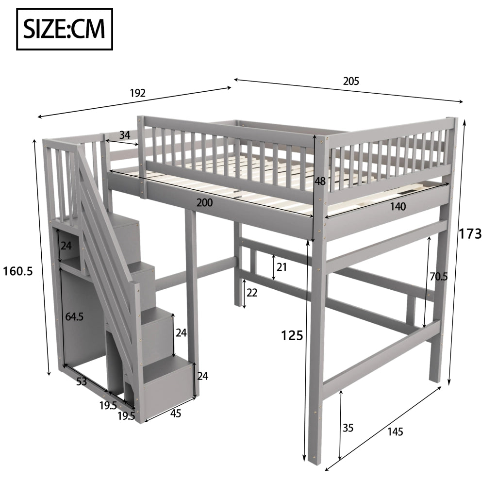 Letto a soppalco in legno massello con scala contenitore e recinzione alta; grigio; 140x200 cm; senza materasso