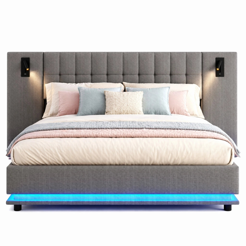 Letto imbottito 180x200 cm in lino grigio con LED, USB e luce spot, senza materasso