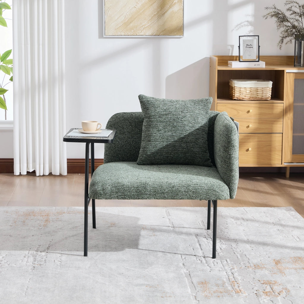 Fauteuil con tavolino laterale e tasche portaoggetti, seduta imbottita in ciniglia verde smeraldo 86 × 72 × 71 cm