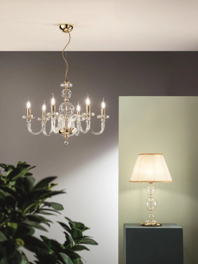 LAMPADARIO BACH 6 LUCI CRISTALLO E FINITURA ORO ATTACCO E14