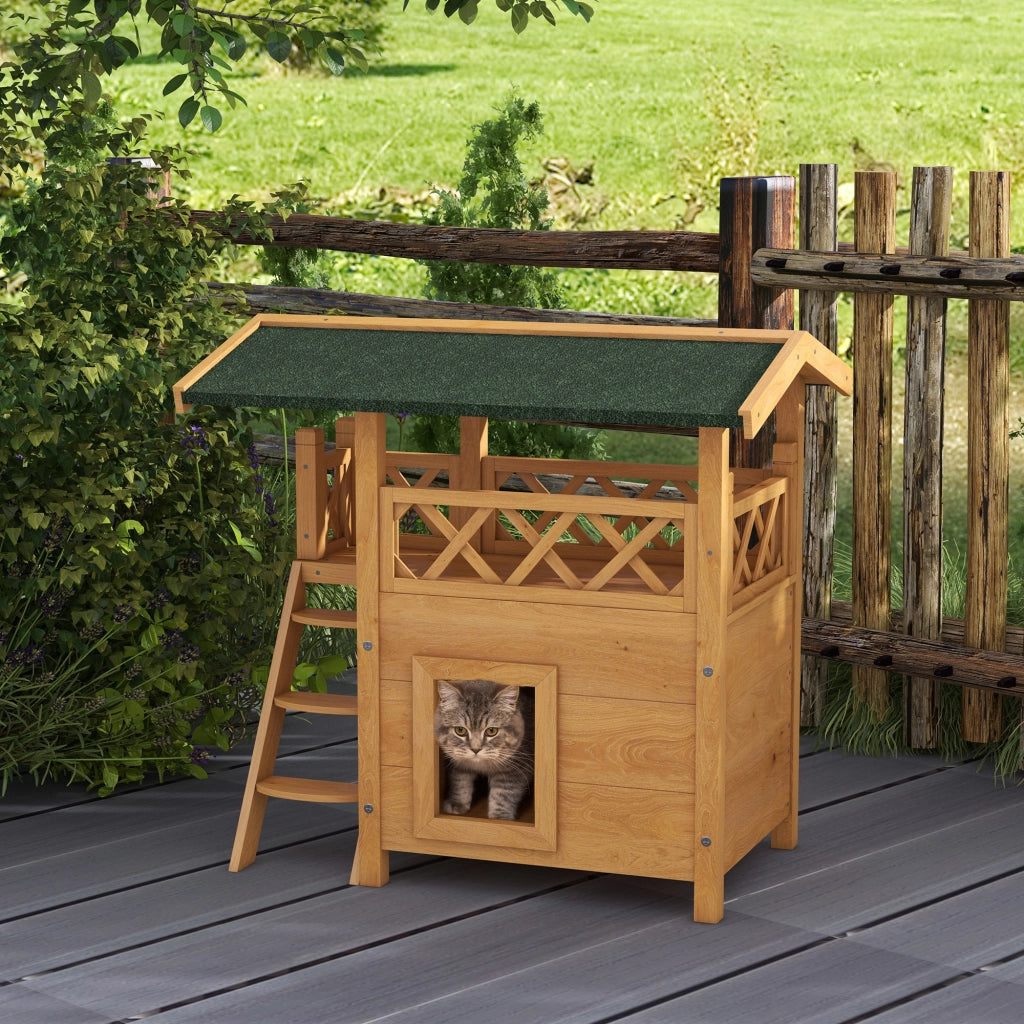 Casetta per Gatti con Terrazza ¨C Zephmum ¨C Legno Naturale e Verde 77x50x73 cm