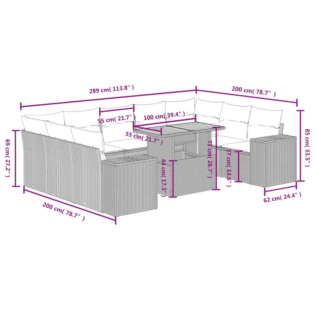 Set Divano da Giardino 10 pz con Cuscini Grigio in Polyrattan