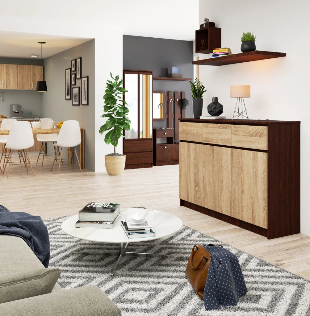 Cassettiera AKORD K140 Wengé 138 cm 3 ante 3 cassetti inserto frontale Sonoma Quercia 138x40x99 cm