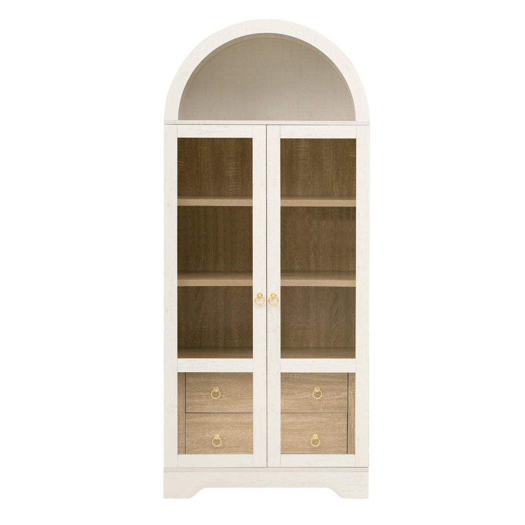 Credenza alta con 2 ante in vetro; 2 cassetti e ripiani regolabili per cucina; in MDF e vetro; 76.2×40.1×180 cm; bianco