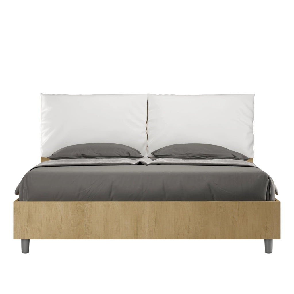 BS COM Letto matrimoniale contenitore 160x190 Quercia cuscini similpelle bianco