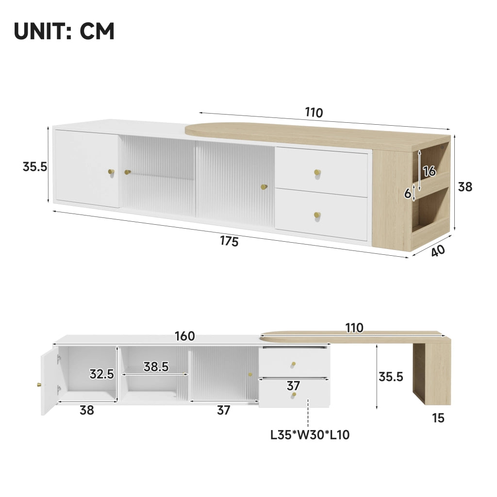 Mobile TV Estensibile 175x40x38 cm Bianco Legno con LED RGB, 2 Cassetti e Ante in Vetro Scorrevoli