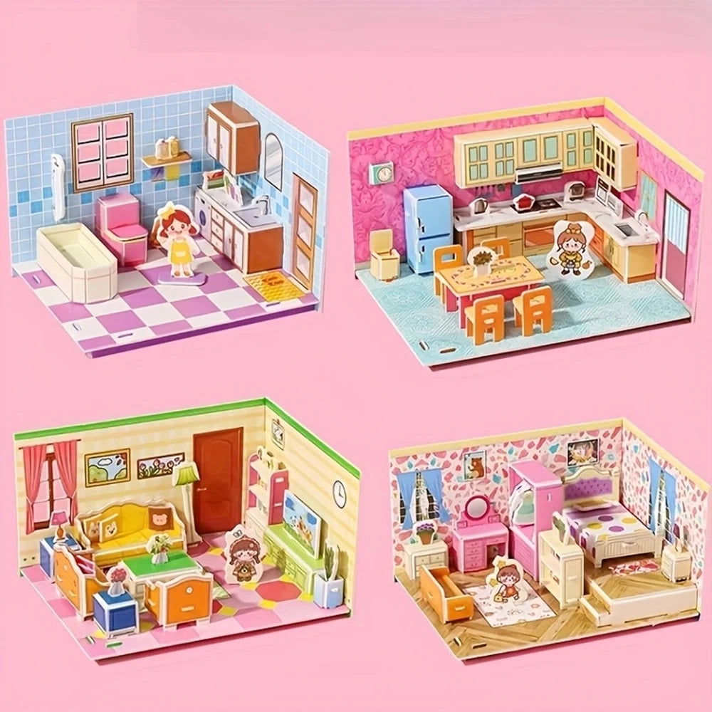 Trade Shop - Kit 12pz Puzzle 3d Forma Stanze Casa In Miniatura Per Bambini Costruzione Fai Da Te 32397 -