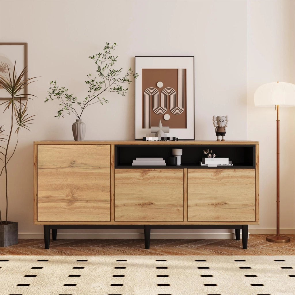 SIDEBOARD 160 x 35 x 76 cm in MDF effetto legno naturale, 3 ante
