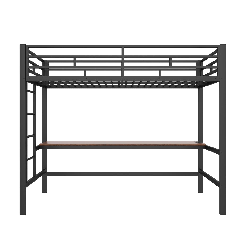 OKWISH Letto a Soppalco 90×200 cm, Letto Singolo con Scrivania, USB, Tipo-C, Presa e LED Regolabile, senza Materasso, Metallo, Nero