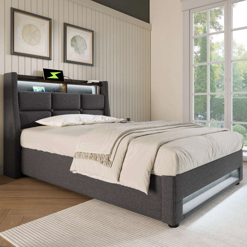 OKWISH Letto Singolo 90×200 cm con Contenitore, USB, LED Regolabile e Mensola, senza Materasso, in Lino, Grigio