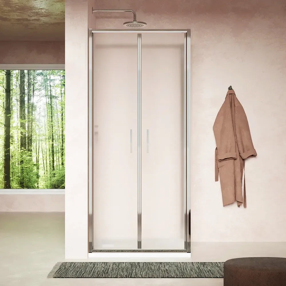 Box doccia slim 80x90cm con porta saloon e parete fissa profili cromati e vetro 6mm opaco h190| Portofino
