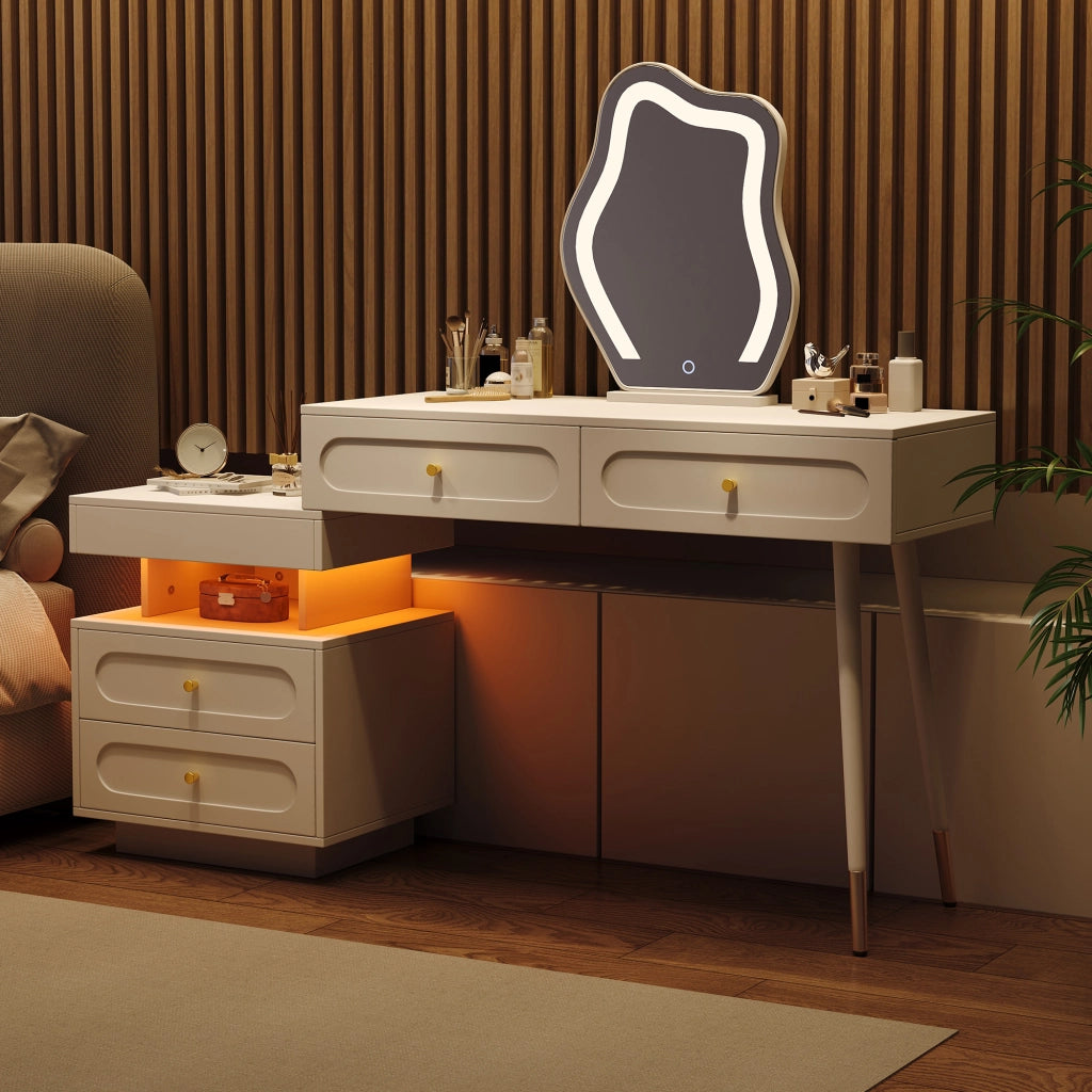 Tavolo Trucco con Specchio LED e Cassetti ¨C MINIMAL ¨C Bianco, 140x40x130 cm