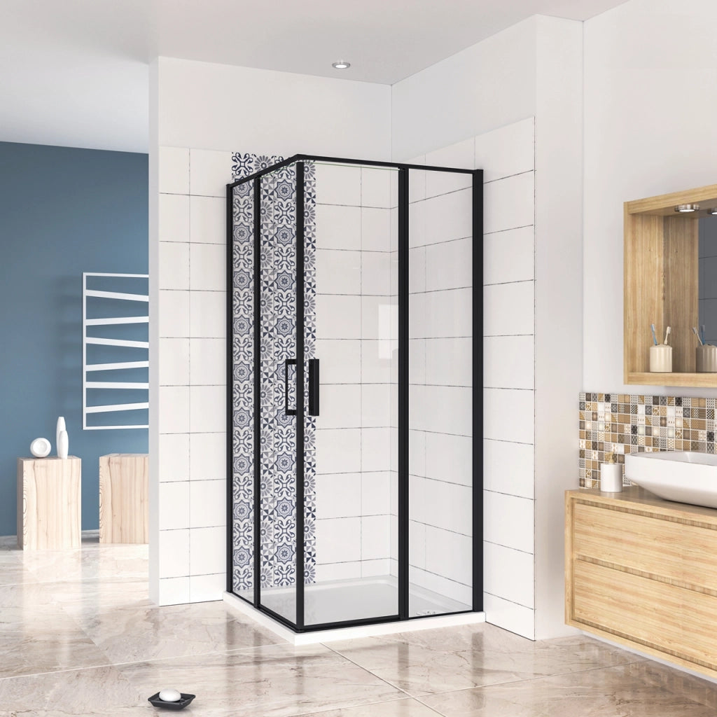 Box Doccia Angolare 120x120 cm H.185 cm Doppia Porta Battente in Vetro Temperato Trasparente Anticalcare 6 mm Profilo Nero Opaco
