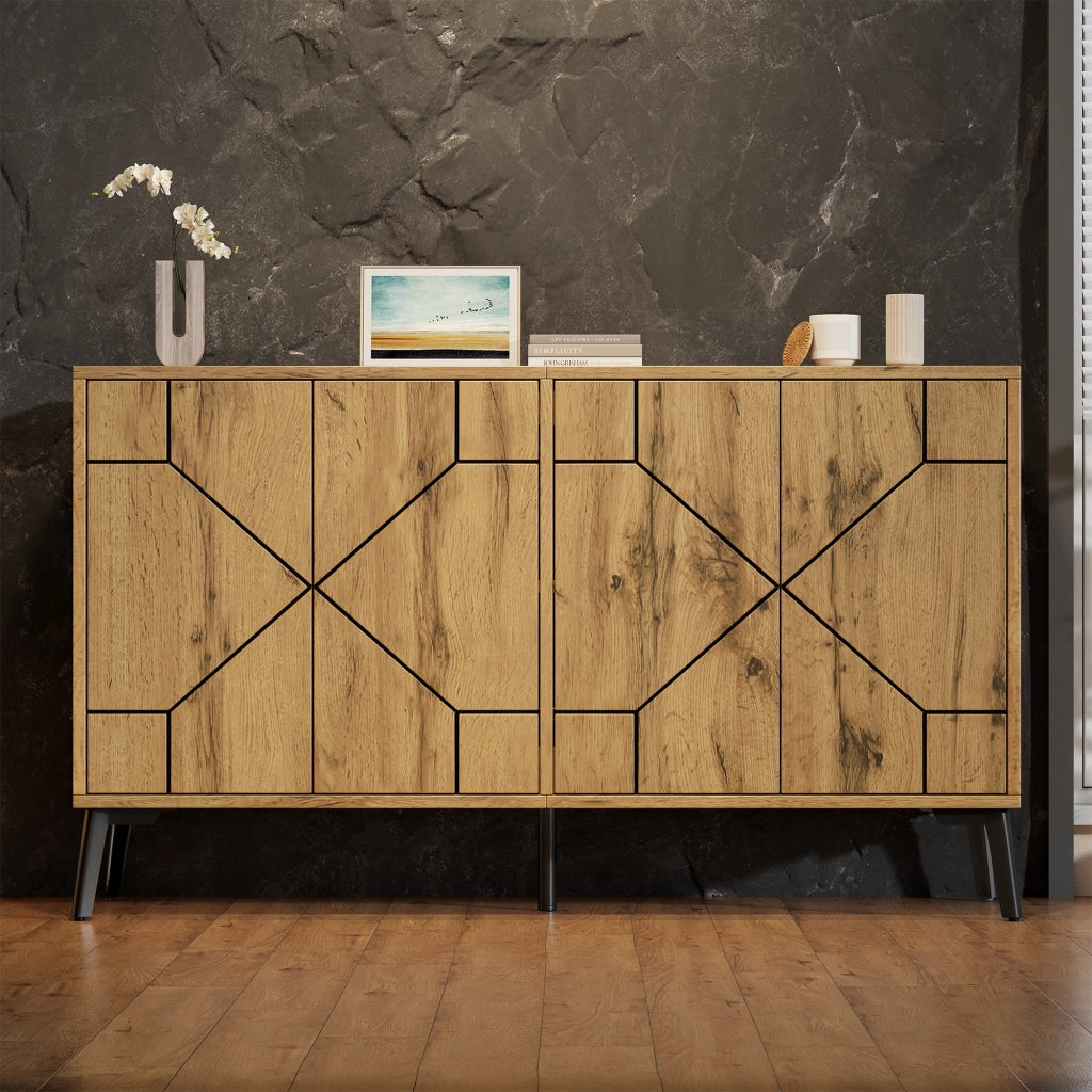 Madia con 4 ante a pressione e 4 scomparti; per soggiorno o cucina; colore naturale; 120 × 35 × 69 cm