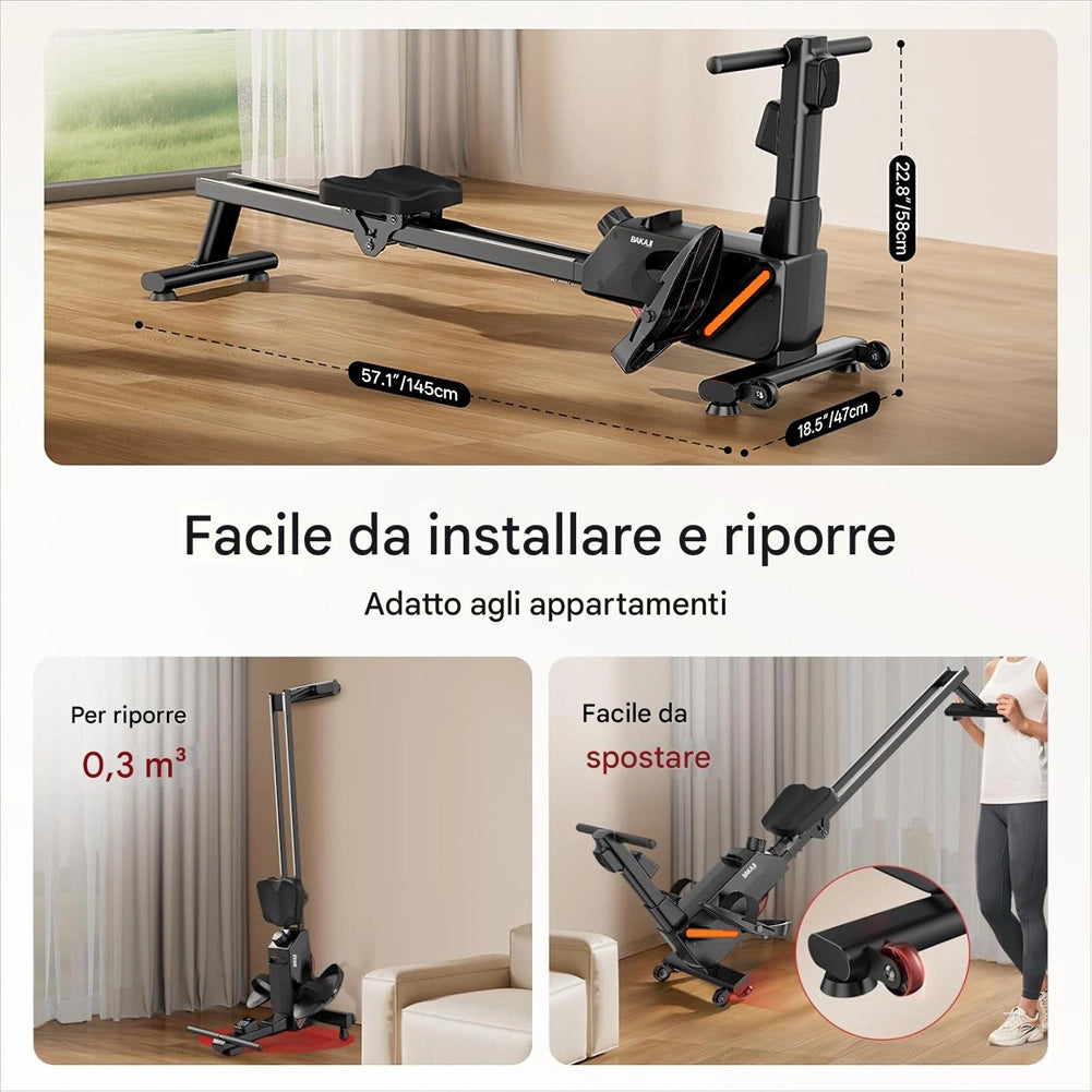 Vogatore Pieghevole Salvaspazio 145x47,5x59 cm home Fitness Ergonomico 8 Livelli Resistenza Nero