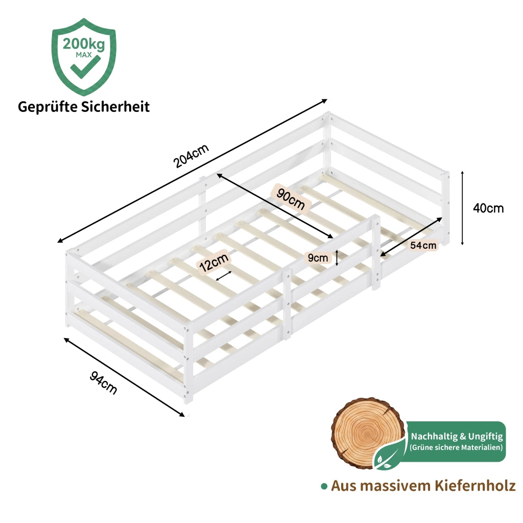 Letto Montessori terra ringhiere pino 90x200 bianco no box