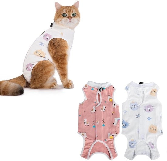 Pacco di Cura per Gatti Femmine - Protezione Post-Operativa - Body Pak per Gatti - Taglia M (1,8-3,6 kg) - Tessuto di Cotone Gessato - Respirante e Estensibile - Body per Gatti