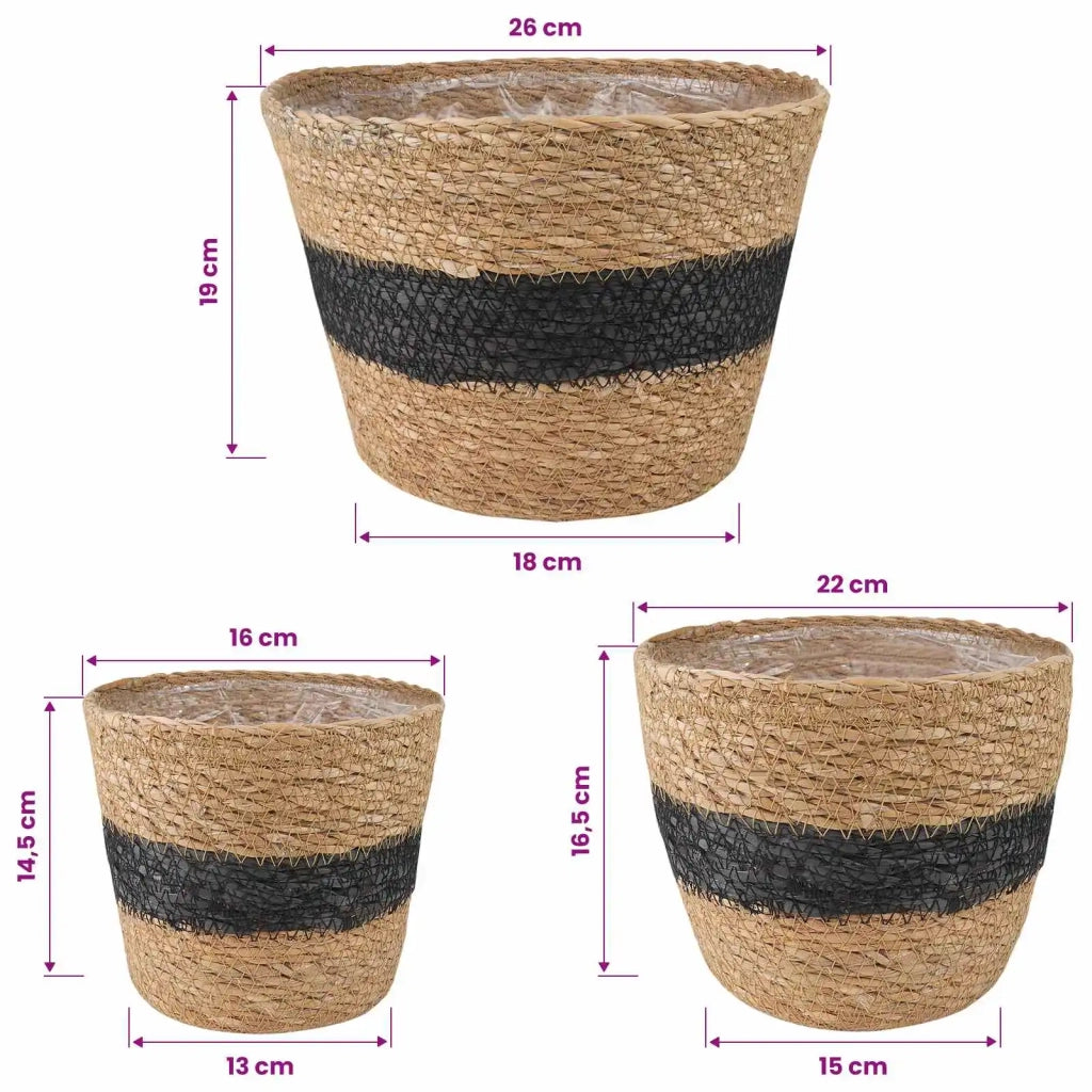 Cesti per piante in erba marina 3 pz Naturale e Nero CFW7031710