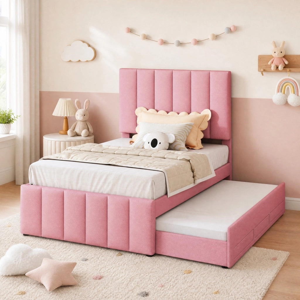 Letto imbottito multifunzione con letto estraibile e 3 cassetti, colore rosa
