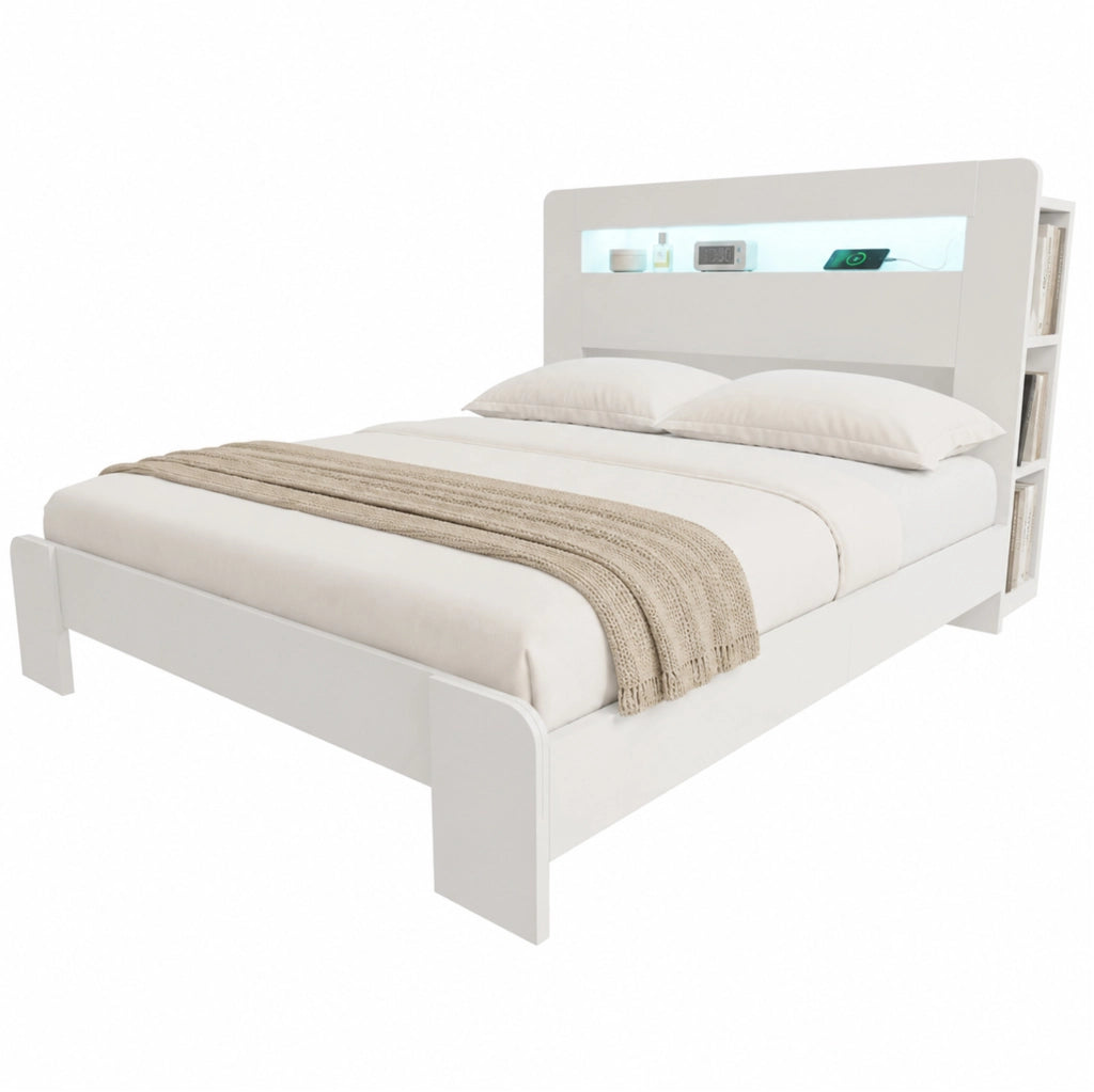 Letto multifunzione in legno 140x200 cm con testiera contenitiva, LED e prese