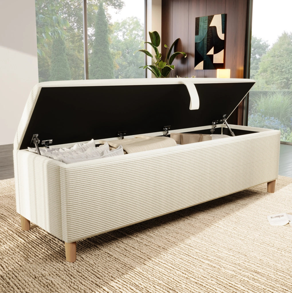 Panca contenitore 145x38x46 cm con vano idraulico in corduroy; legno; beige