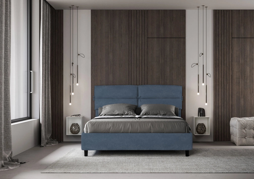 BS COM Letto matrimoniale contenitore imbottito 160x200 microfibra blu