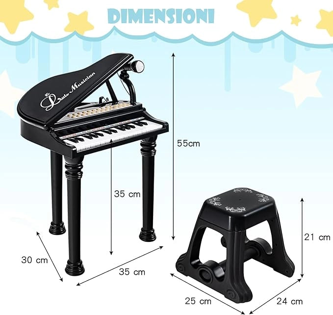 Tastiera Pianoforte a 31 Tasti con Microfono e Sgabello, Pianoforte Giocattolo Portatile con Modalità di Insegnamento a LED, Pianoforte a Coda per Bambini 3+ Anni (Nero), 35 x 30 x 55 cm
