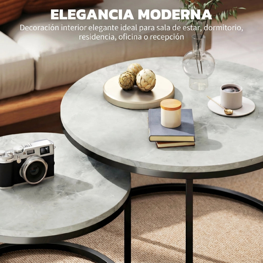 Tavolino da caff¨¨ rotondo effetto marmo ¨C Minimal ¨C 2 pezzi telaio metallo grigio