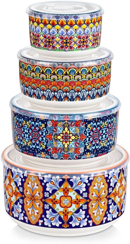 Set di 4 ciotole in ceramica con coperchio - Adatto per forno a microonde e lavastoviglie - Ideale per pasti e spuntini - 60/36/20/10 oz - Coperchio a tenuta d'aria senza perdite - Ciotola per mescolare